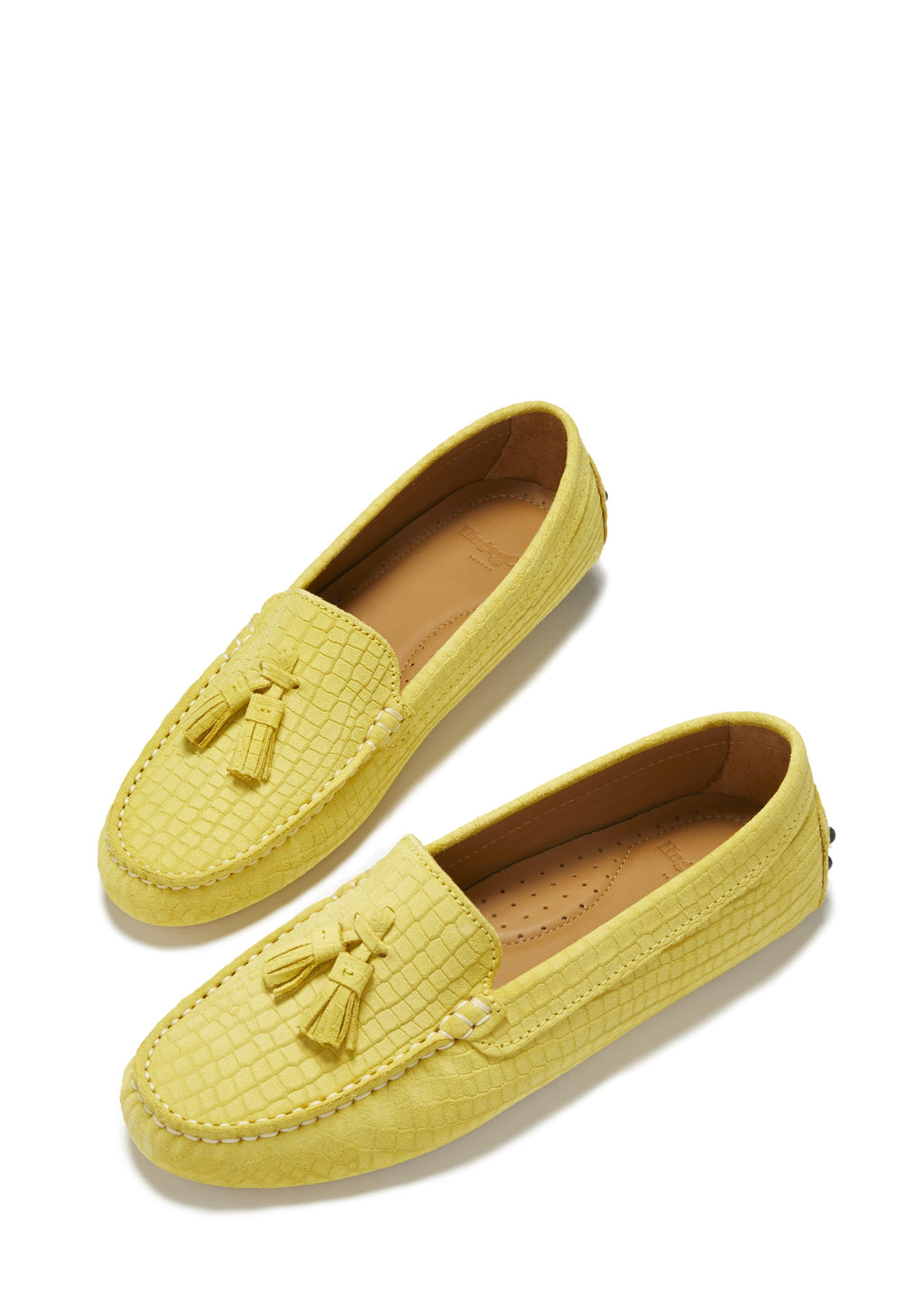 Women's Yellow Suede Driving Loafers with Gecko Print