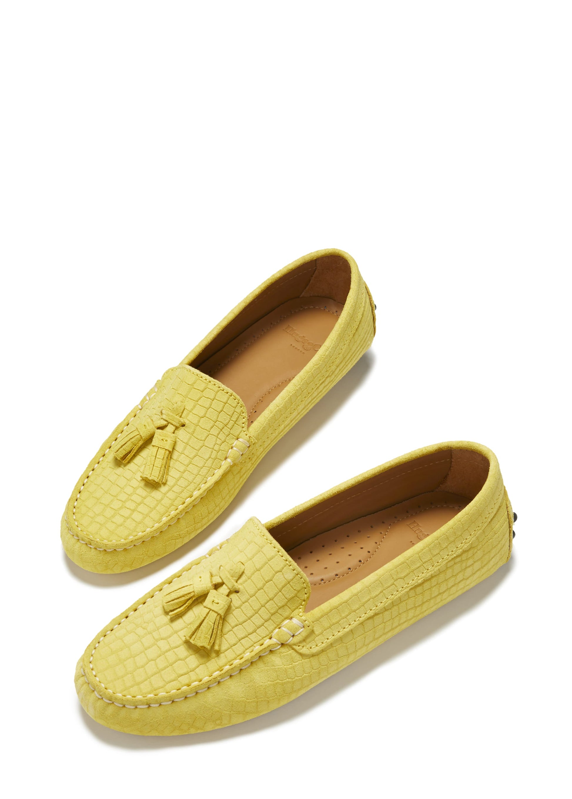 Women's Yellow Suede Driving Loafers with Gecko Print