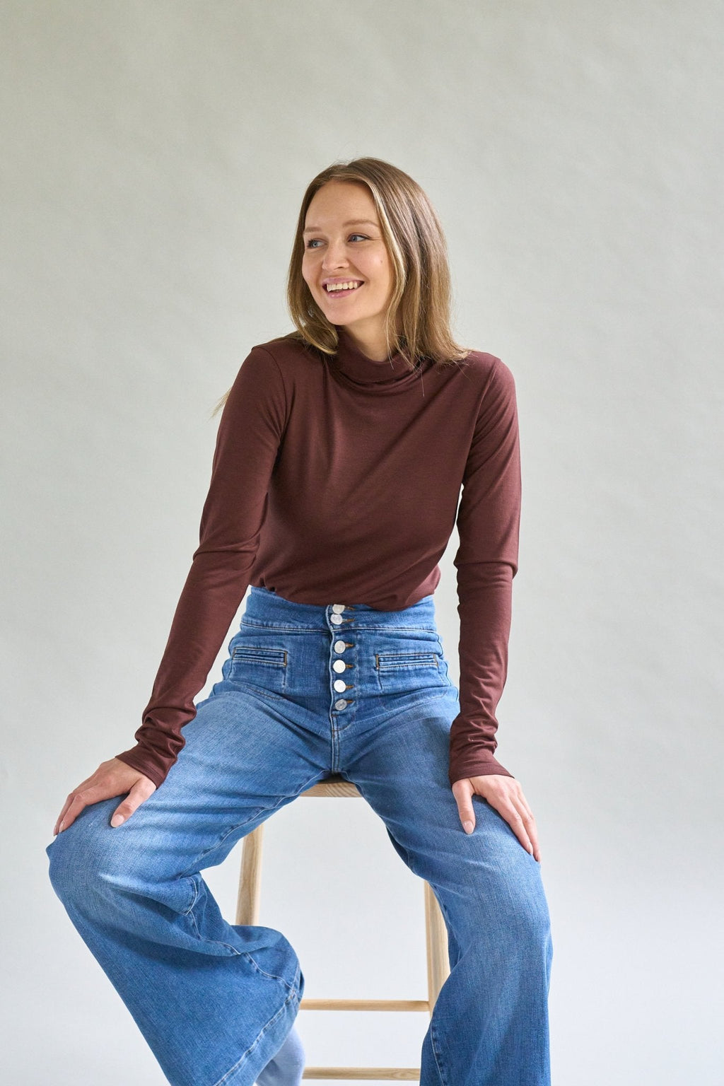 Womens Merino Polo Neck Chocolate Brown