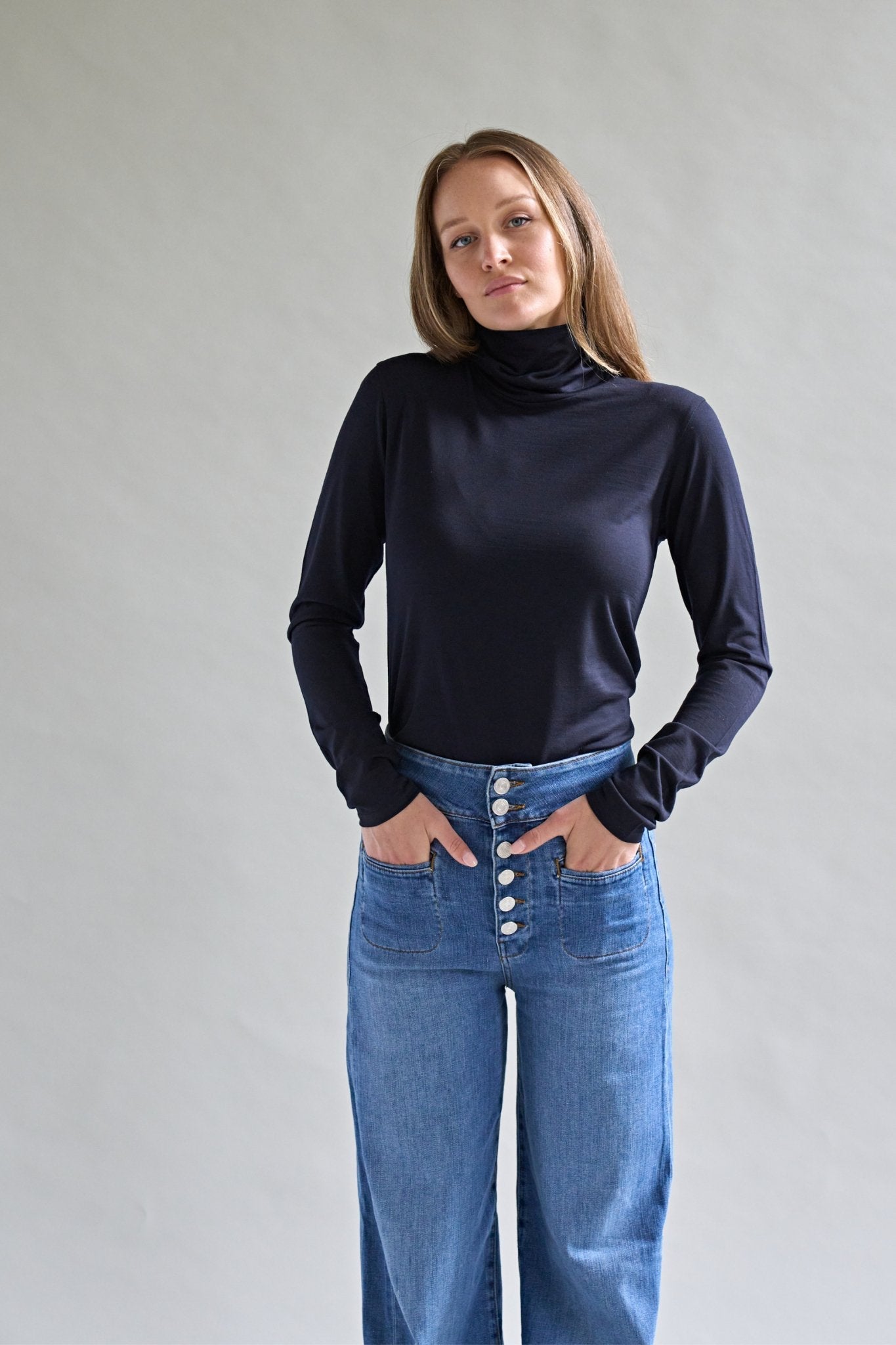 Women's Merino Polo Neck in Midnight