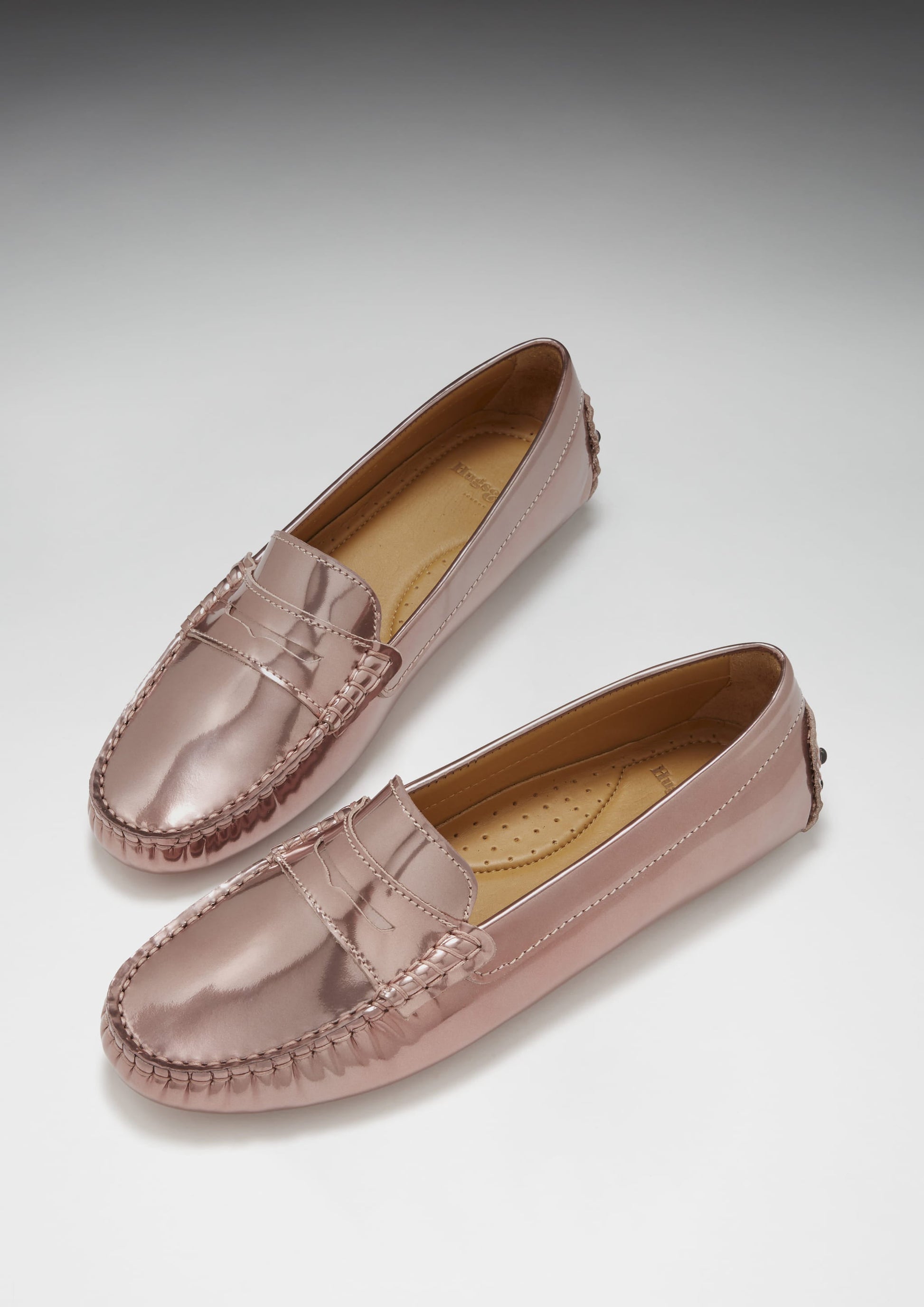 Women's Penny Driving Loafers in Rose Gold Patent Leather