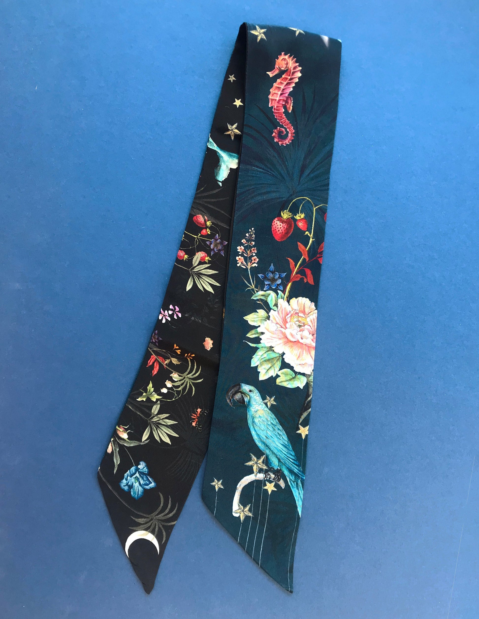 Navy Skinny Silk Scarf in Wondrous Botanical Print