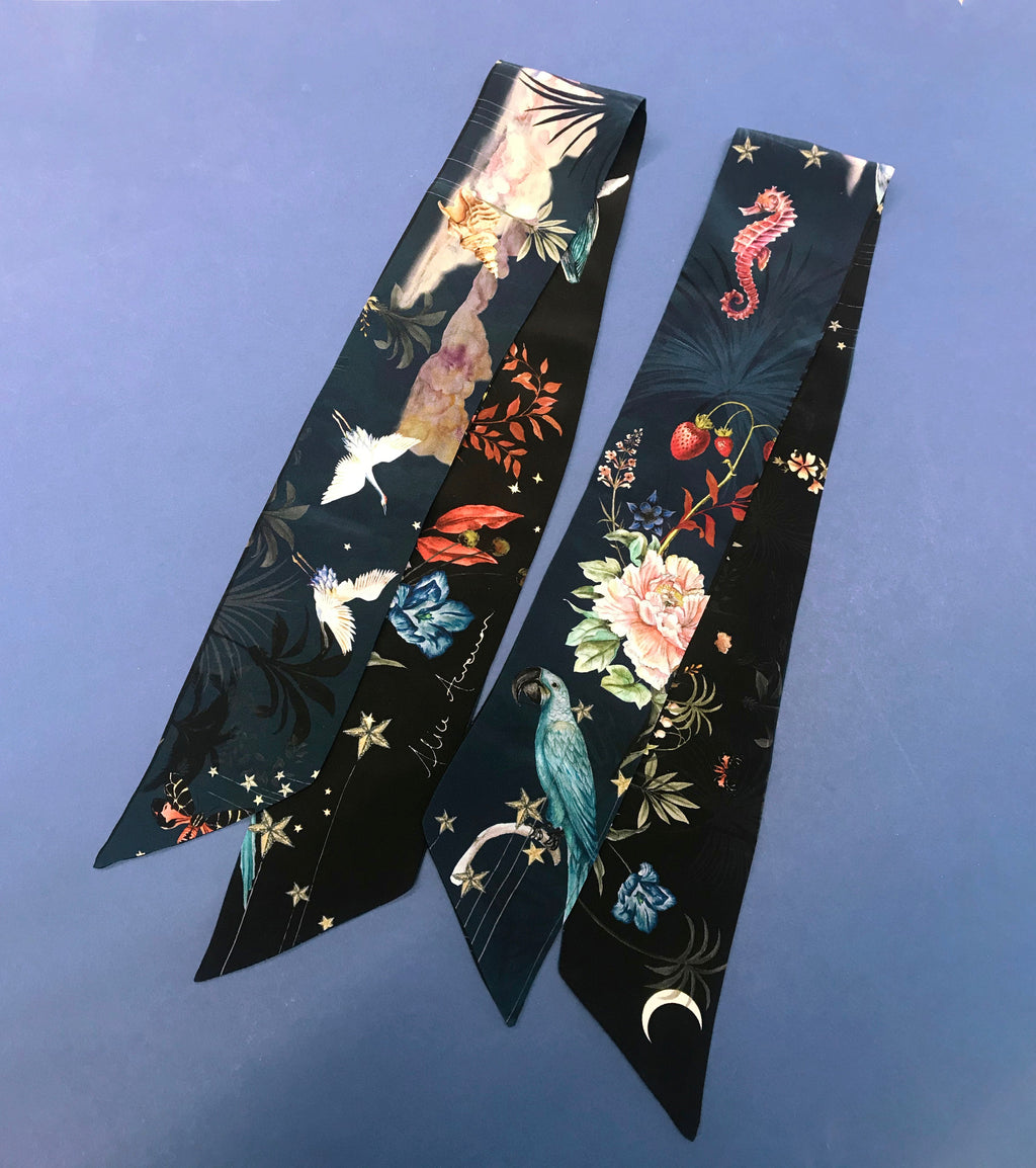 Navy Skinny Silk Scarf in Wondrous Botanical Print
