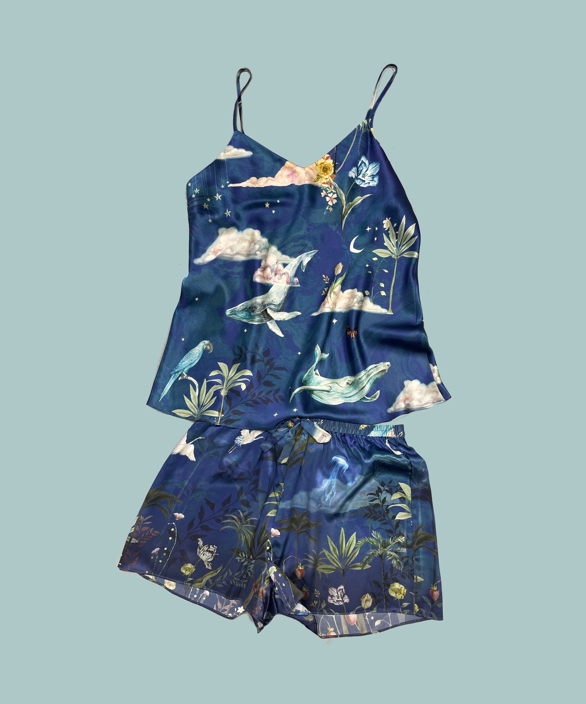 Blue Silk Pyjama Set in Wondrous Night Sky Print