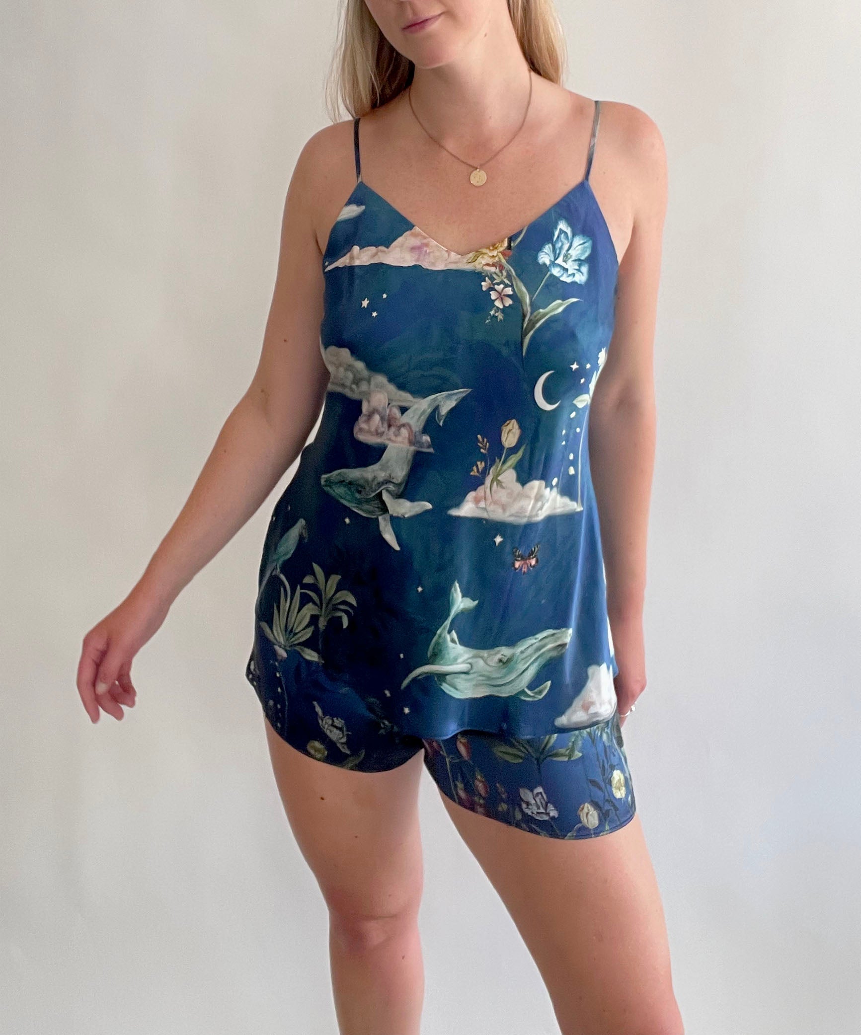 Blue Silk Pyjama Set in Wondrous Night Sky Print
