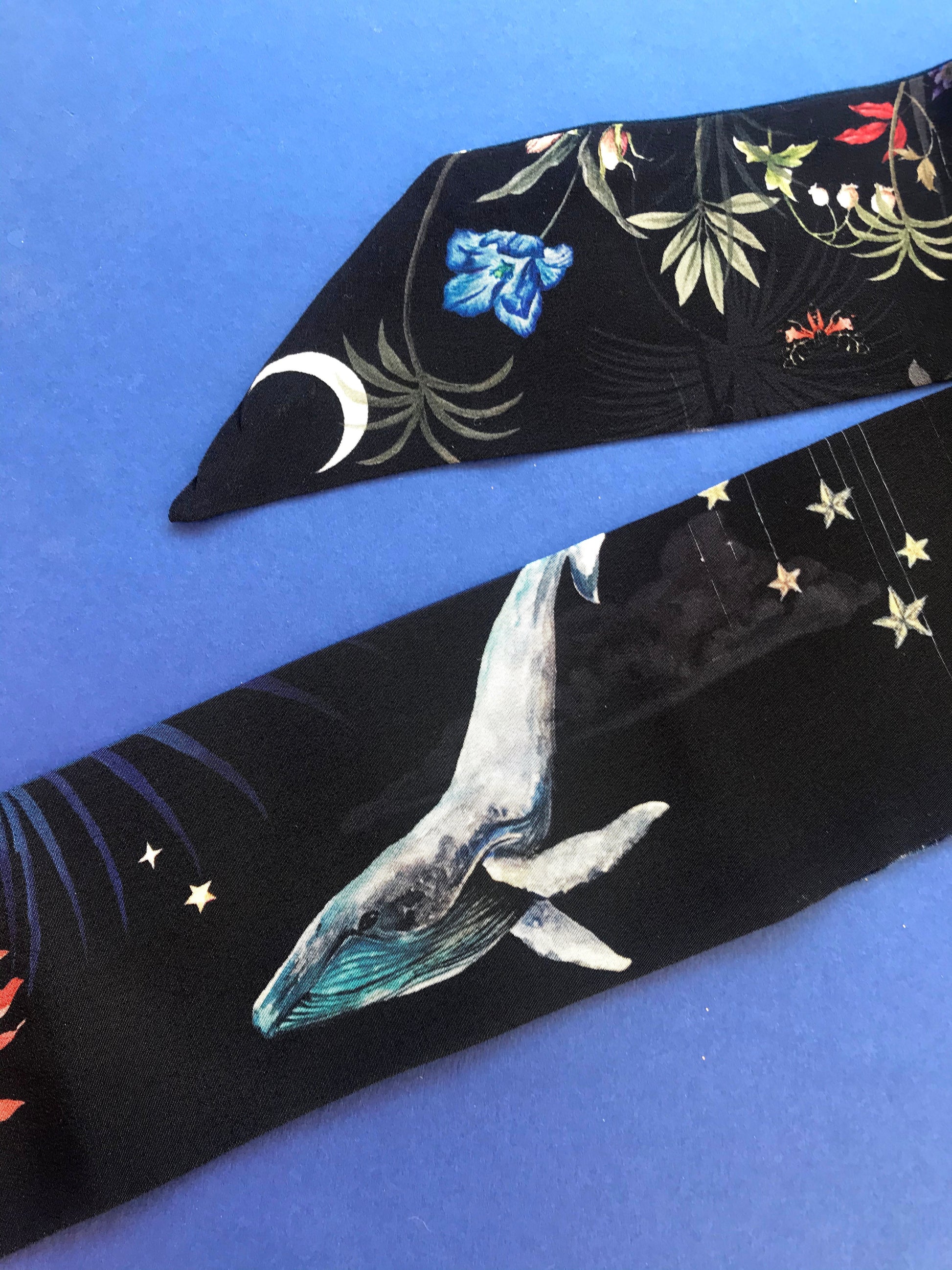 Navy Skinny Silk Scarf in Wondrous Botanical Print