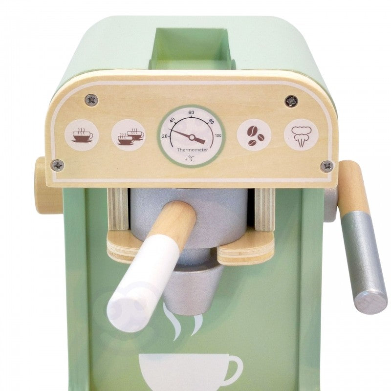 a child's hands arranging the wooden coffee maker and pastries on a sunlit play table