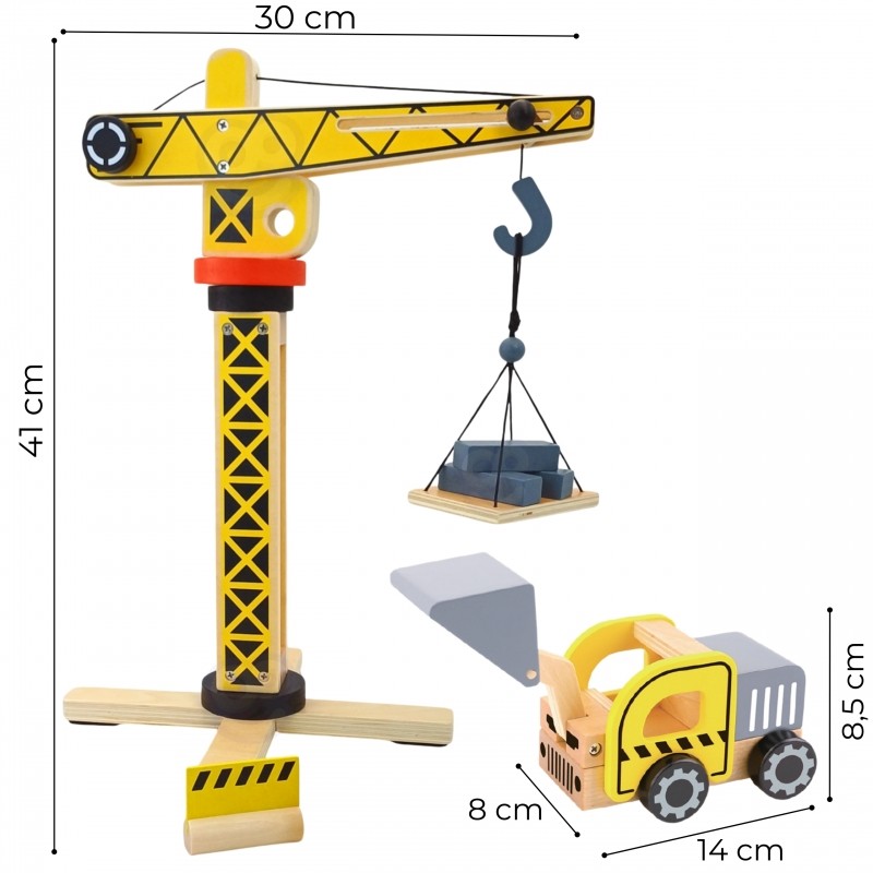 bold low-angle shot of the 42 cm woopie green wooden crane in action, showcasing its full height and power