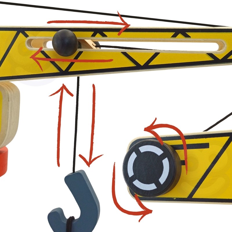 a soft-focus close-up of the wooden crane's smooth, safe mechanisms in the woopie green playset