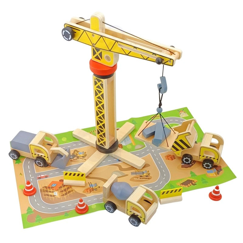 artisan-made sustainable wooden crane lifting a block in a warm, sunlit playroom