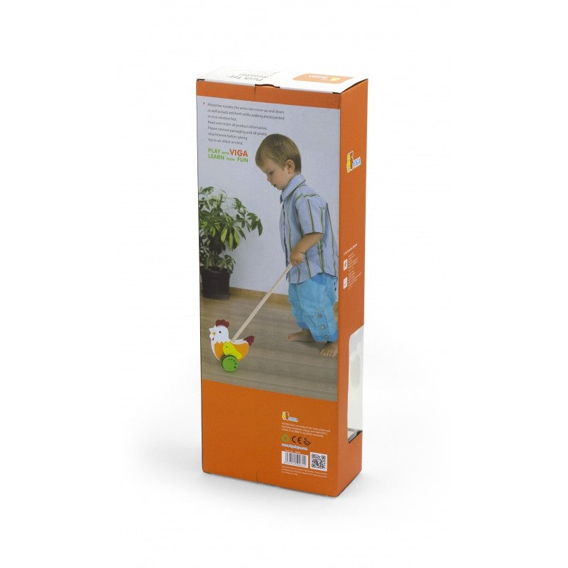 colorful wooden rooster walker toy for toddlers, bright rubber wheels and playful design for first steps