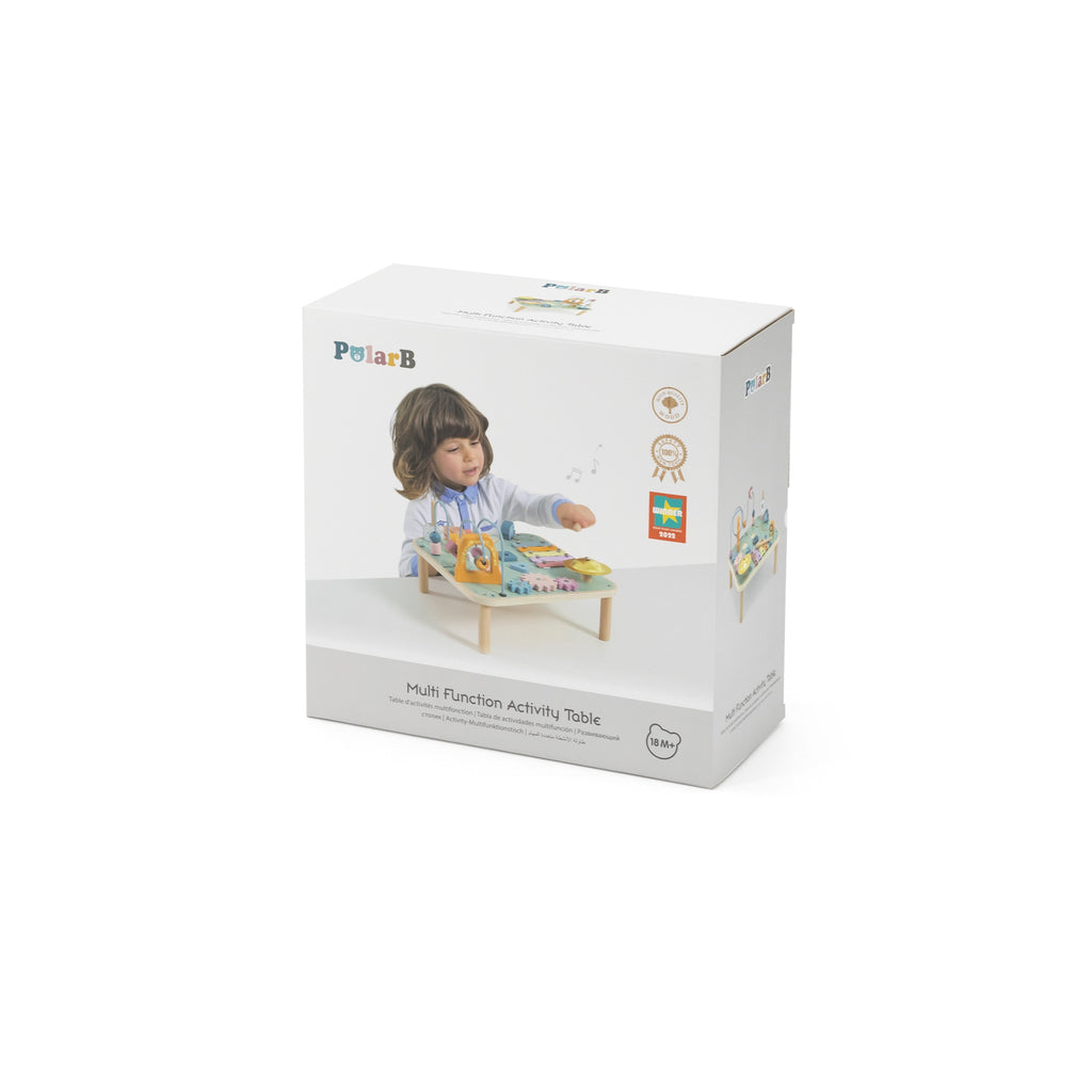 soft pastel wooden sensory table with xylophone and gears for toddlers, bathed in warm morning light