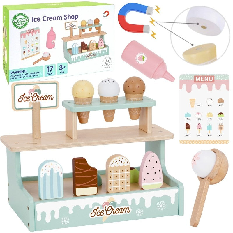 elegant close-up of the artisan-made wooden ice cream stand with magnetic scoops, displayed on a clean, minimalist background