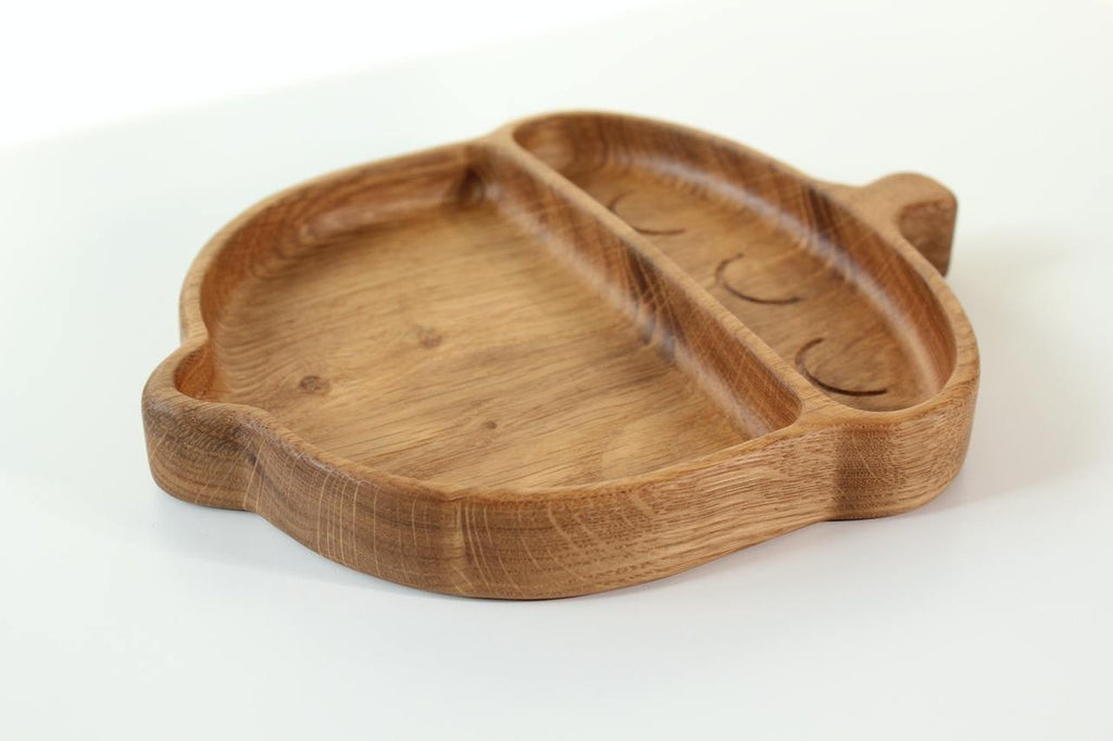 bold acorn-shaped wooden plate for kids, hand-polished oak with smooth finish, eco-friendly and safe