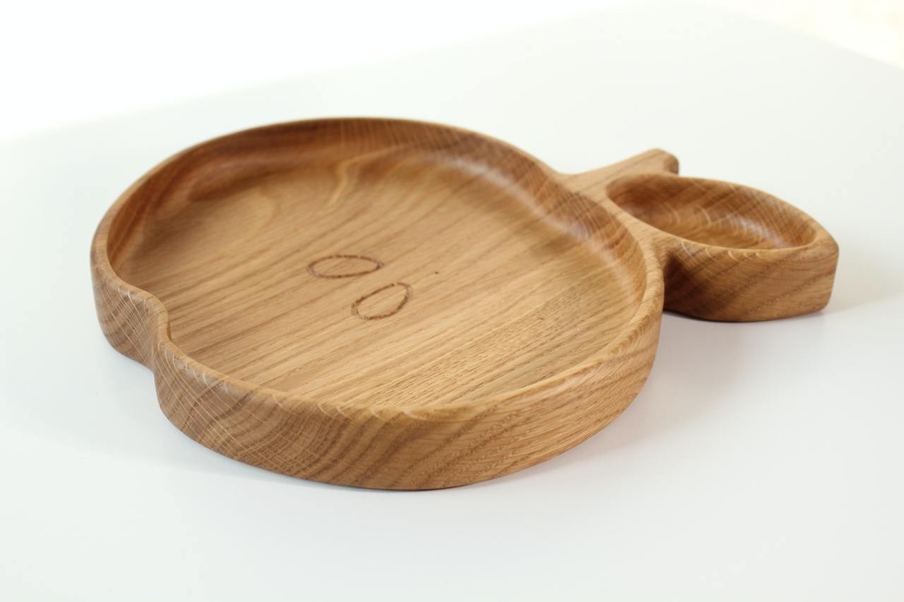 playful wooden kids plate with apple design, hand-polished oak surface, perfect for toddler meals