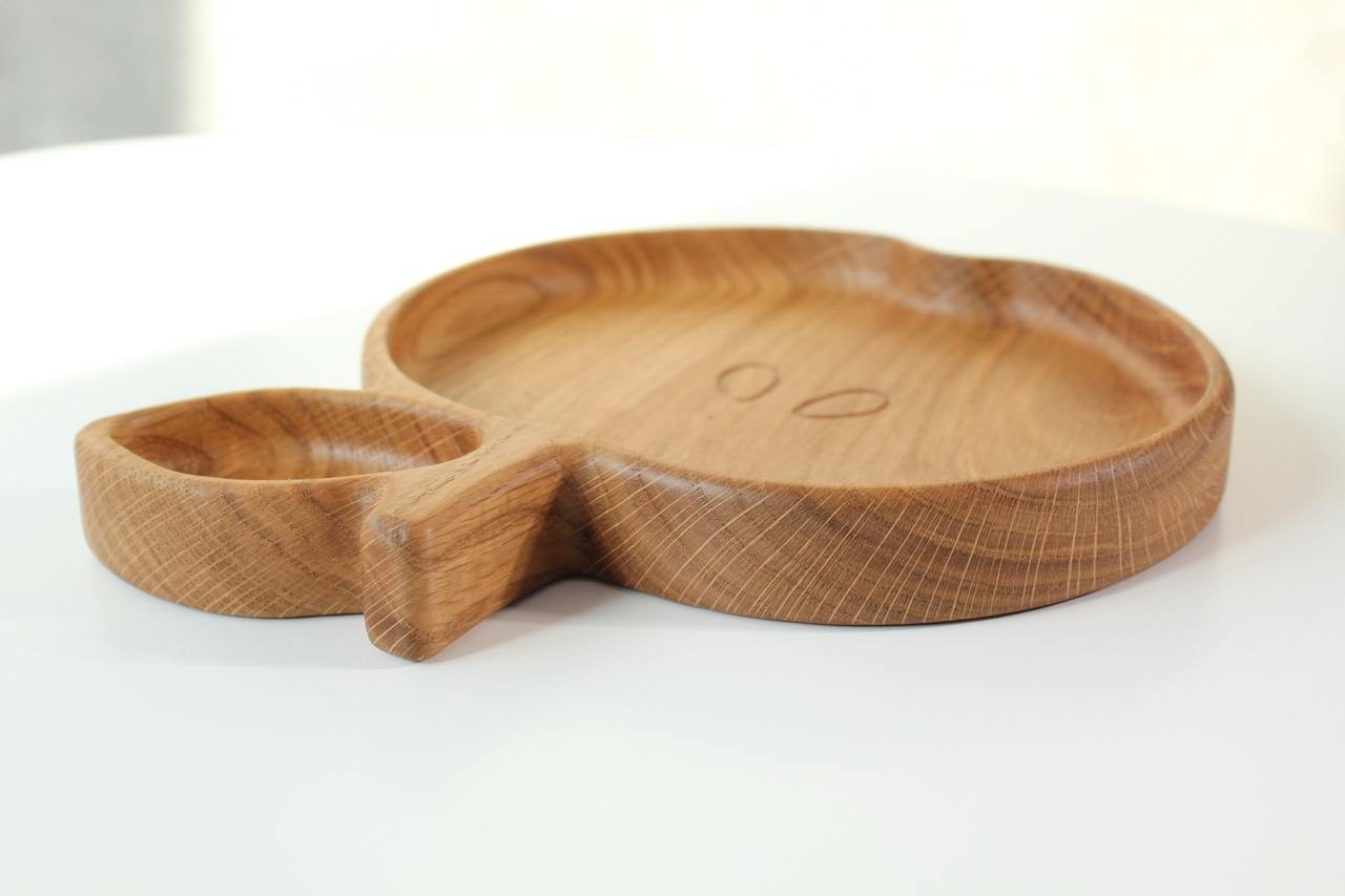 hand-polished oak wooden plate for kids with apple design, functional and safe for mealtime