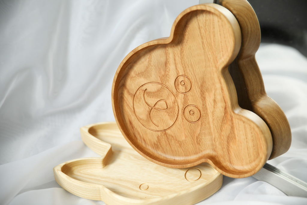 practical wooden bear plate for kids showing durable food-safe finish and portion size