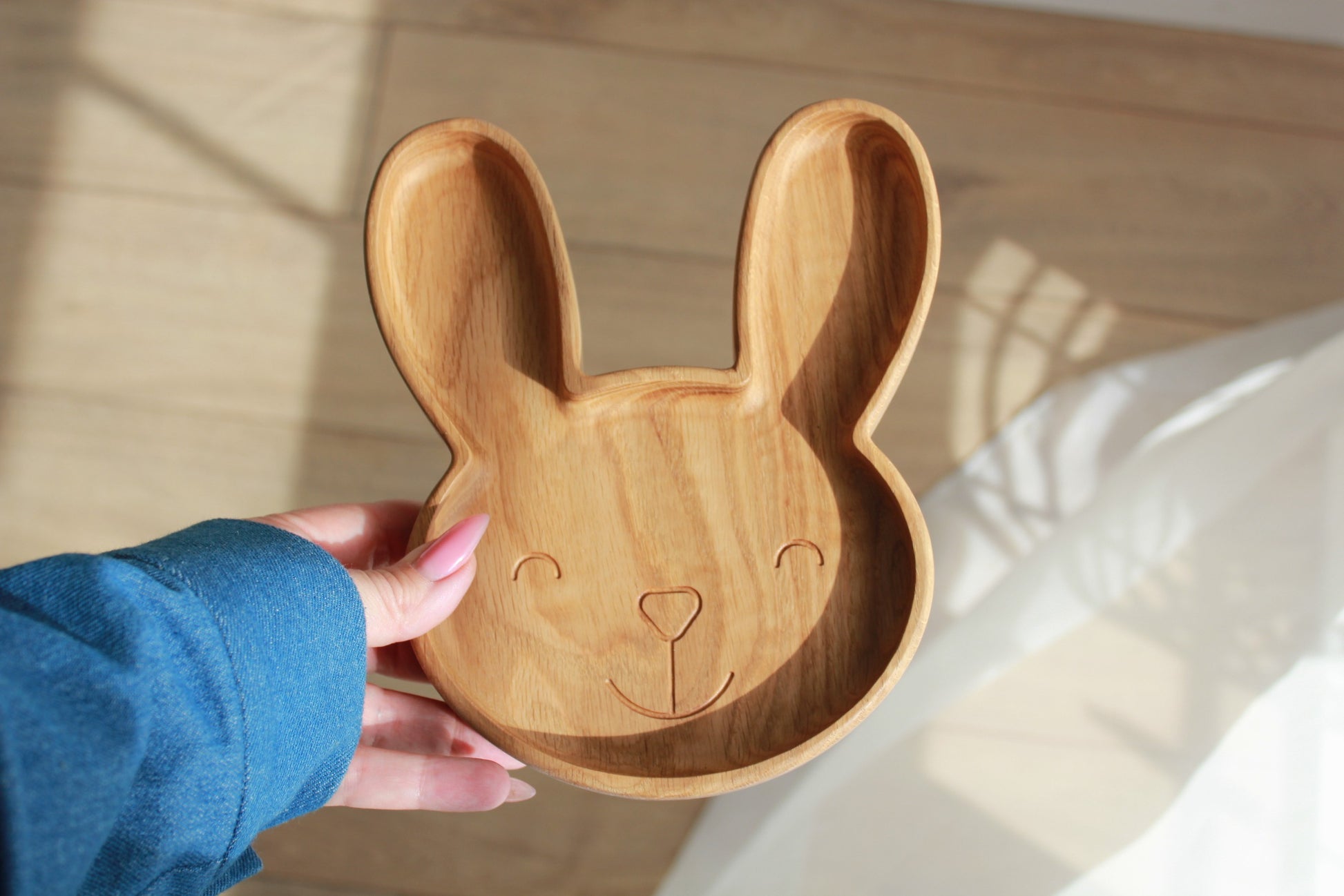 handmade wooden bunny plate for kids - natural oak with smooth polished surface, safe and stylish