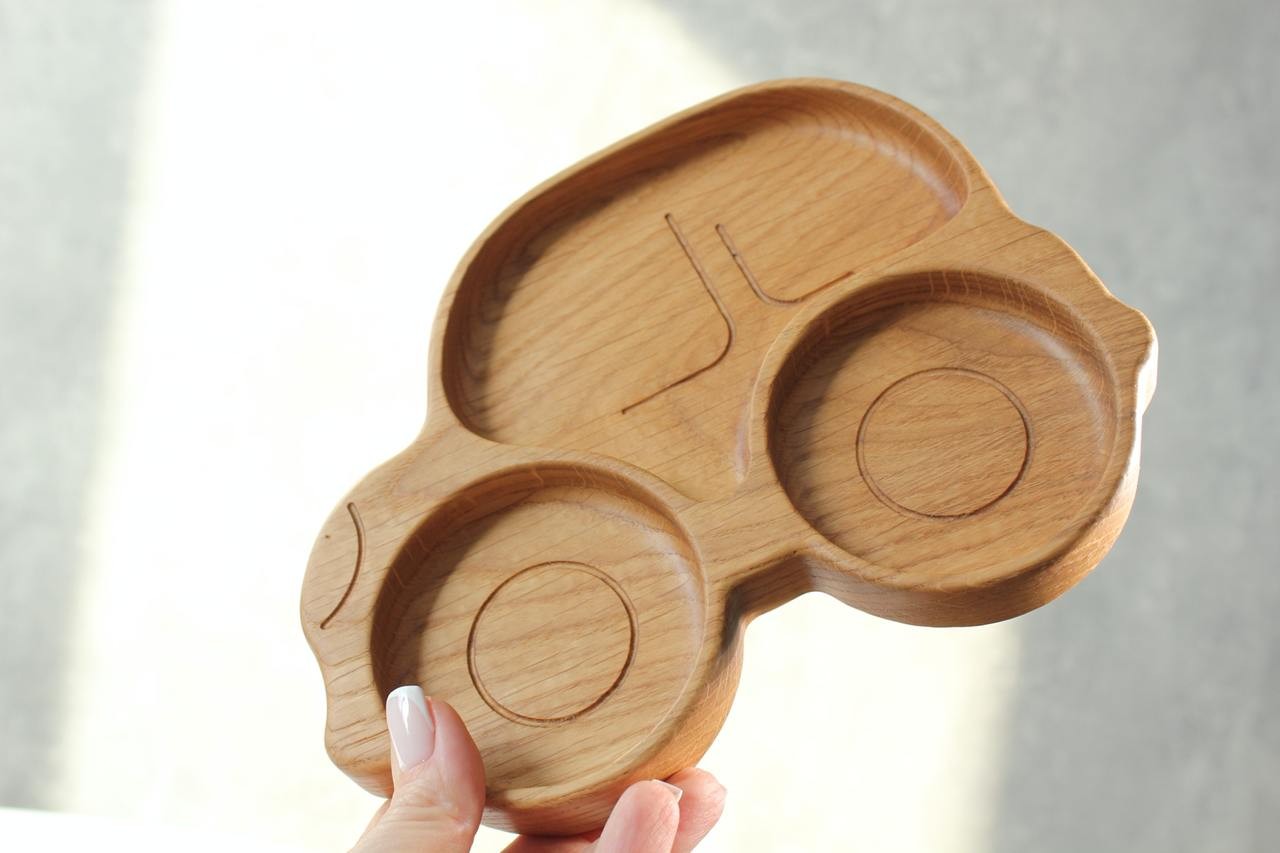 bold handmade wooden car plate for kids - natural oak, ultra-smooth, food-safe, and eco-friendly