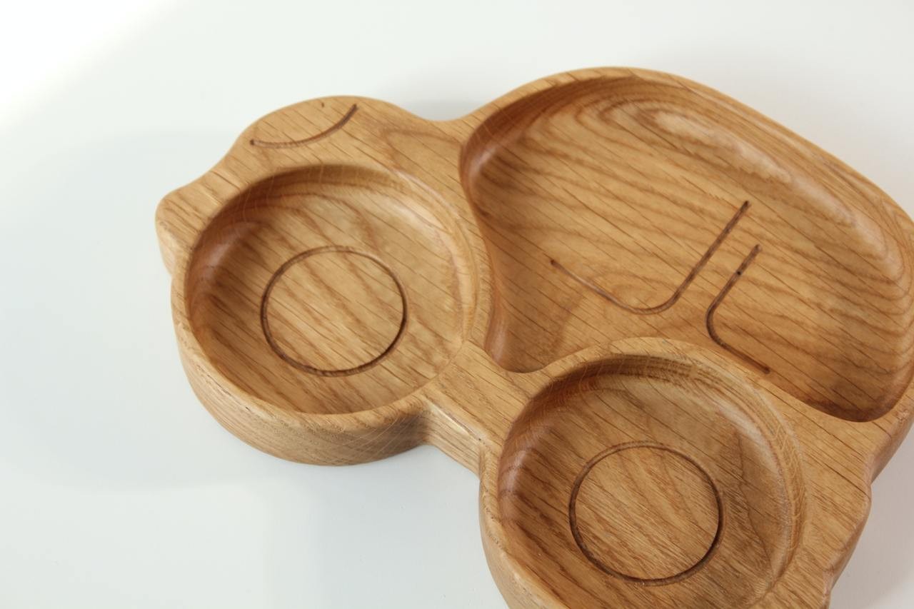 elegant handmade wooden kids plate with car design, smooth oak finish, gift-ready with optional engraving