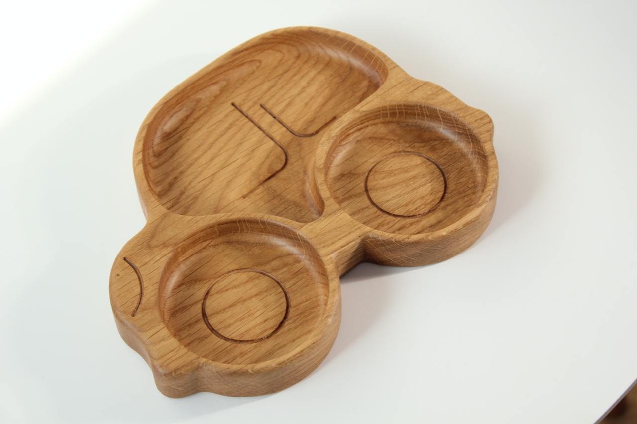 handmade oak wooden kids plate with car design, functional and safe for toddlers, smooth food-safe surface