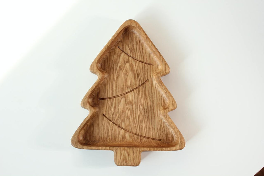 playful christmas tree wooden plate for kids on a festive table, hand-polished oak with optional engraving
