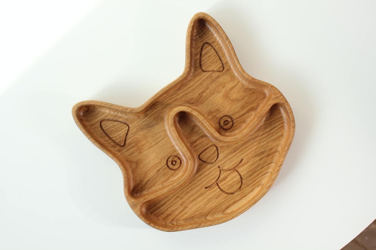 handmade wooden corgi plate for kids with two food sections, natural oak finish, smooth polished surface