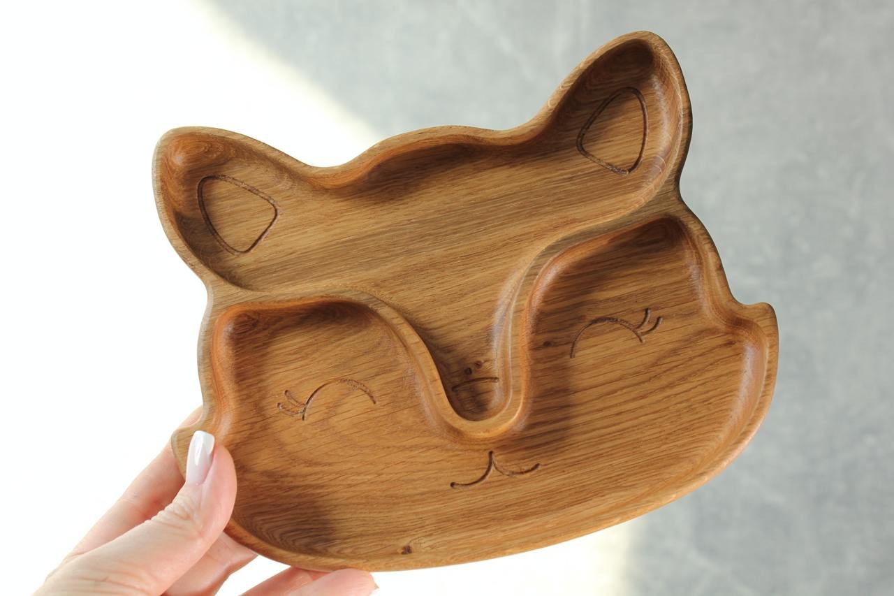 bold handmade wooden fox plate for kids with two food sectors, natural oak finish, polished smooth