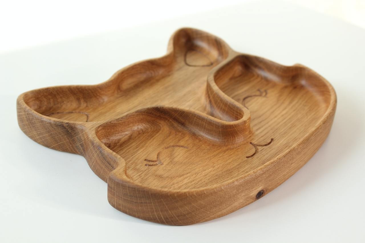 playful fox-shaped wooden plate for kids with two food sections, hand-polished oak, bright natural finish