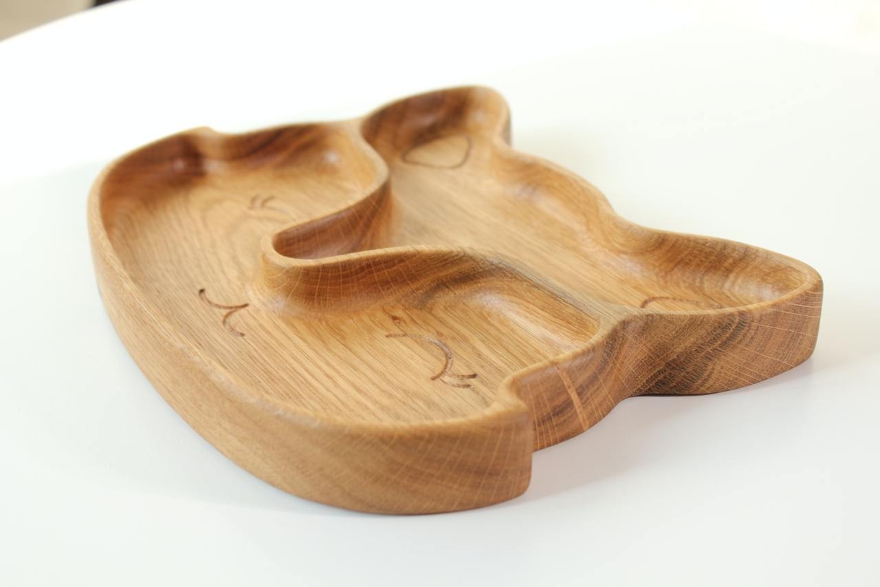 elegant handmade wooden fox plate for kids with two food sectors, natural oak finish, smooth polished surface