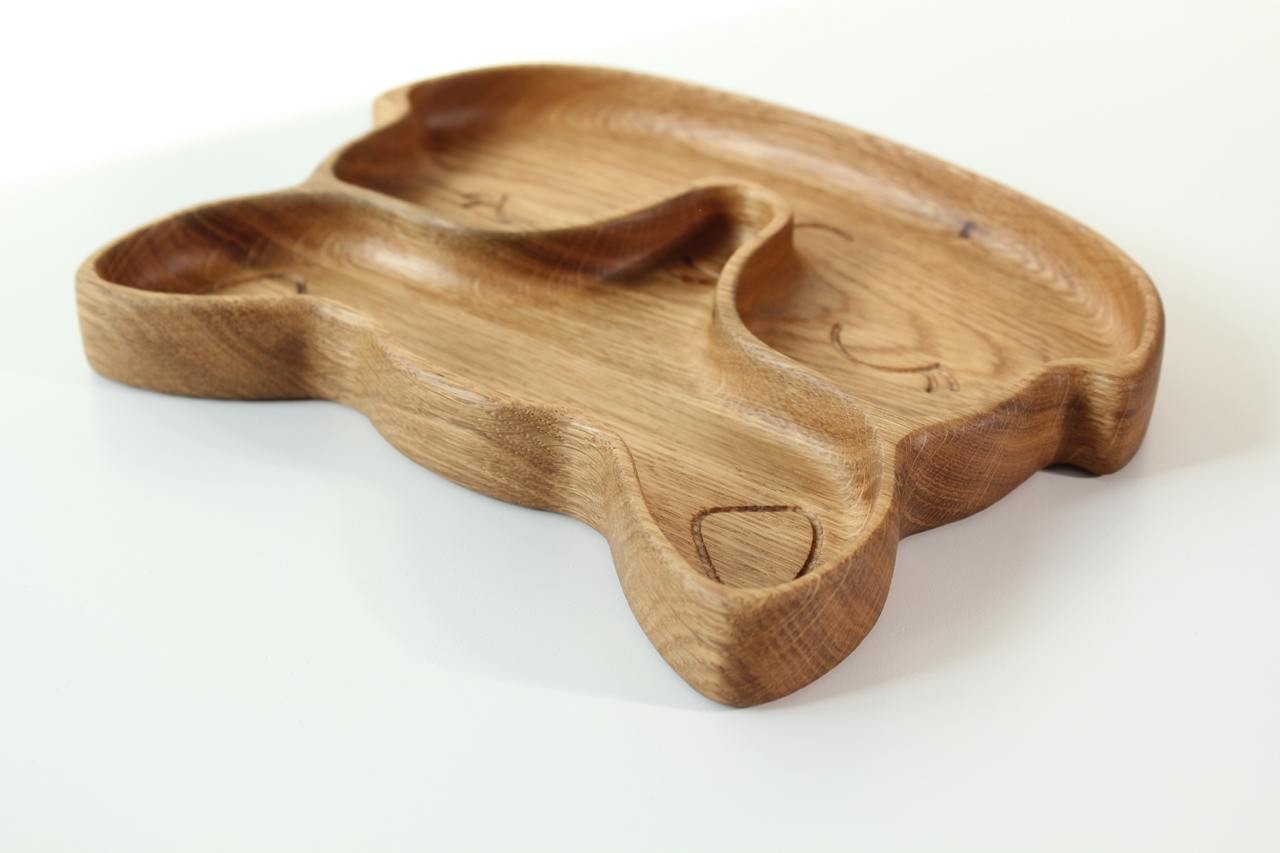handmade wooden fox plate for kids with two food sections, practical for meal times, made of natural oak