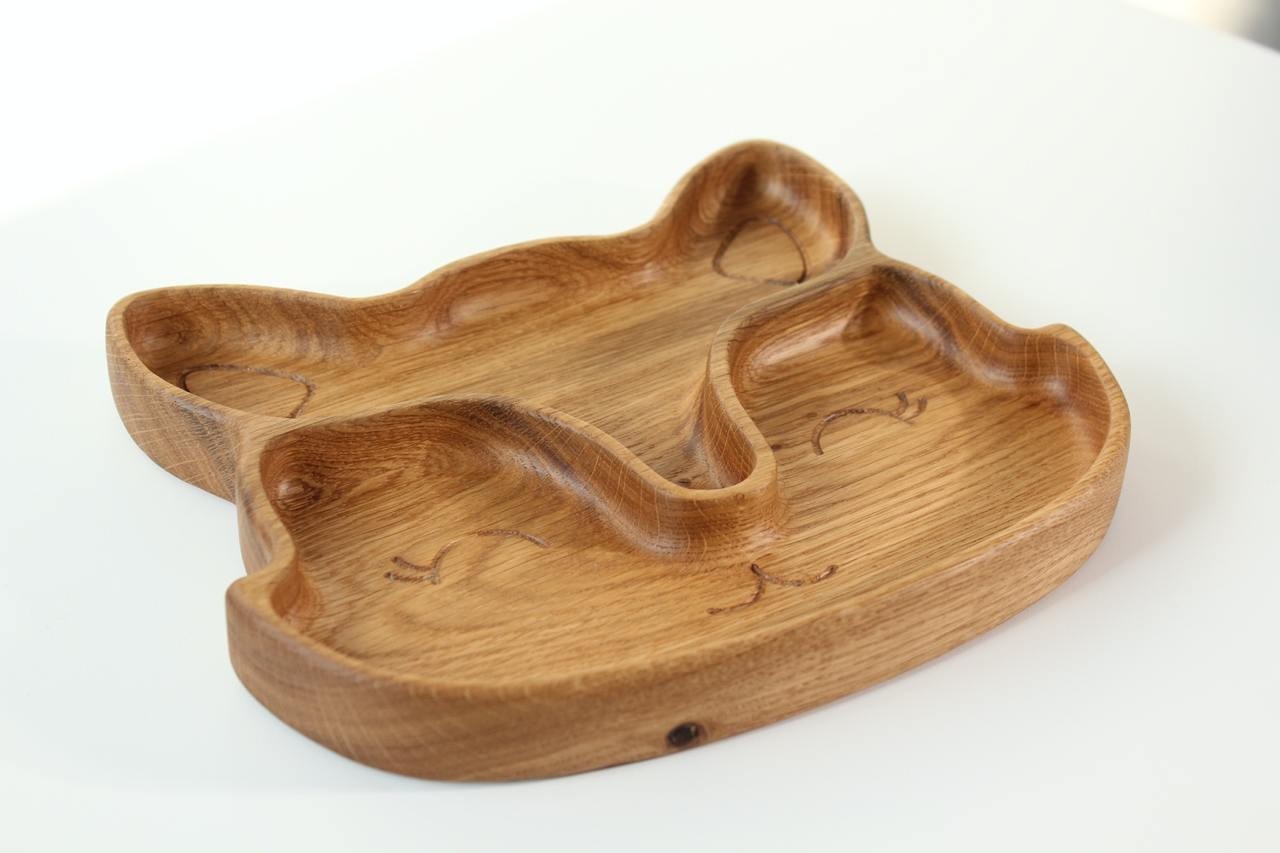 handmade wooden fox plate for kids with two food sections, natural oak finish, smooth polished surface