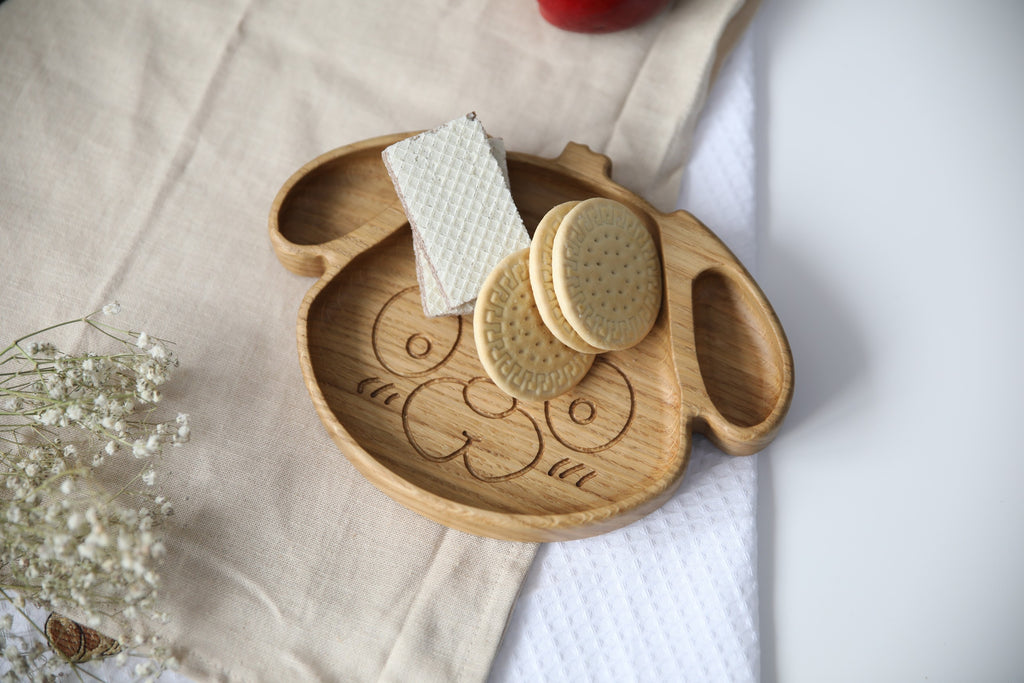 bold handmade wooden dog plate for kids - natural oak, food-safe, and ultra-smooth