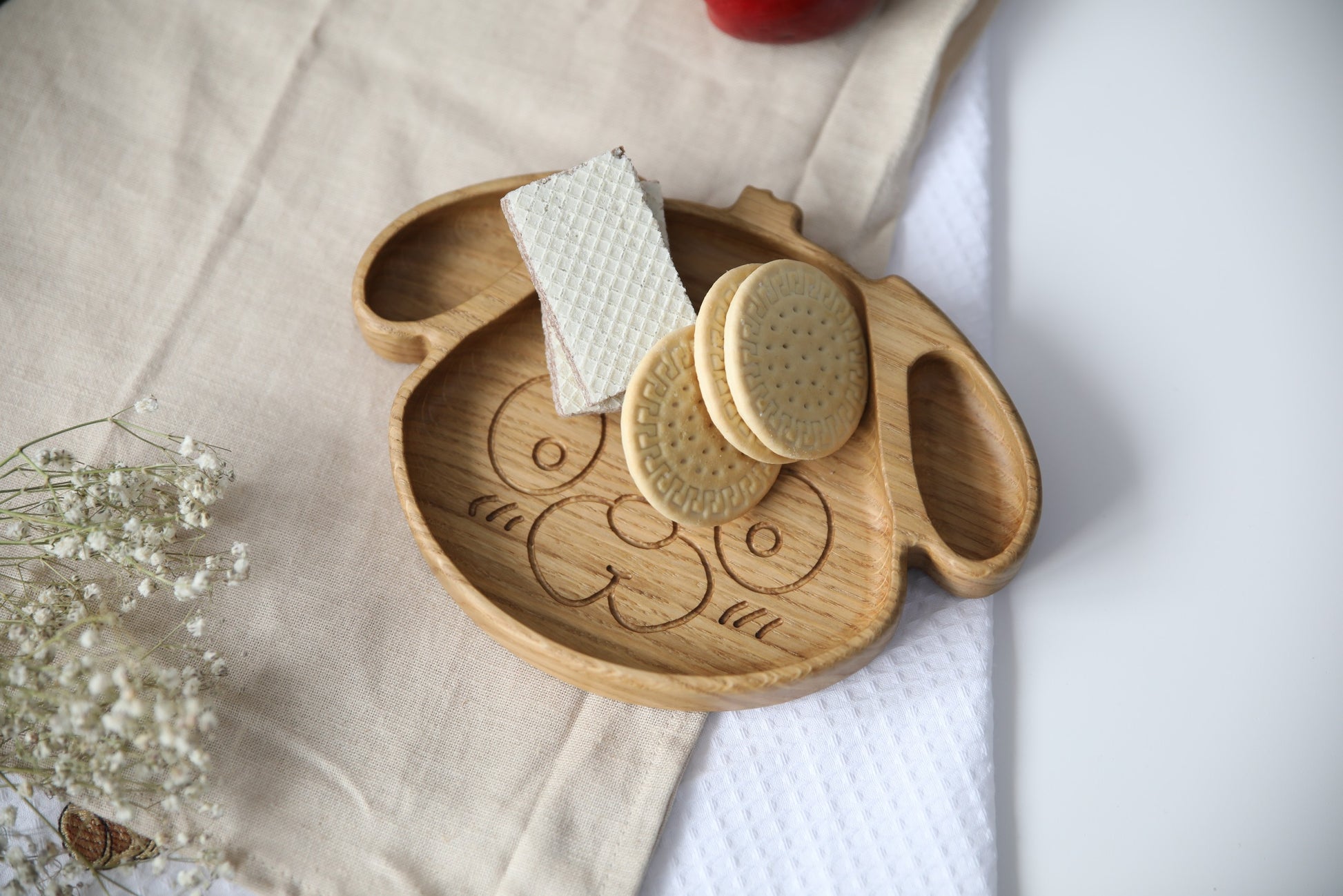 bold handmade wooden dog plate for kids - natural oak, food-safe, and ultra-smooth