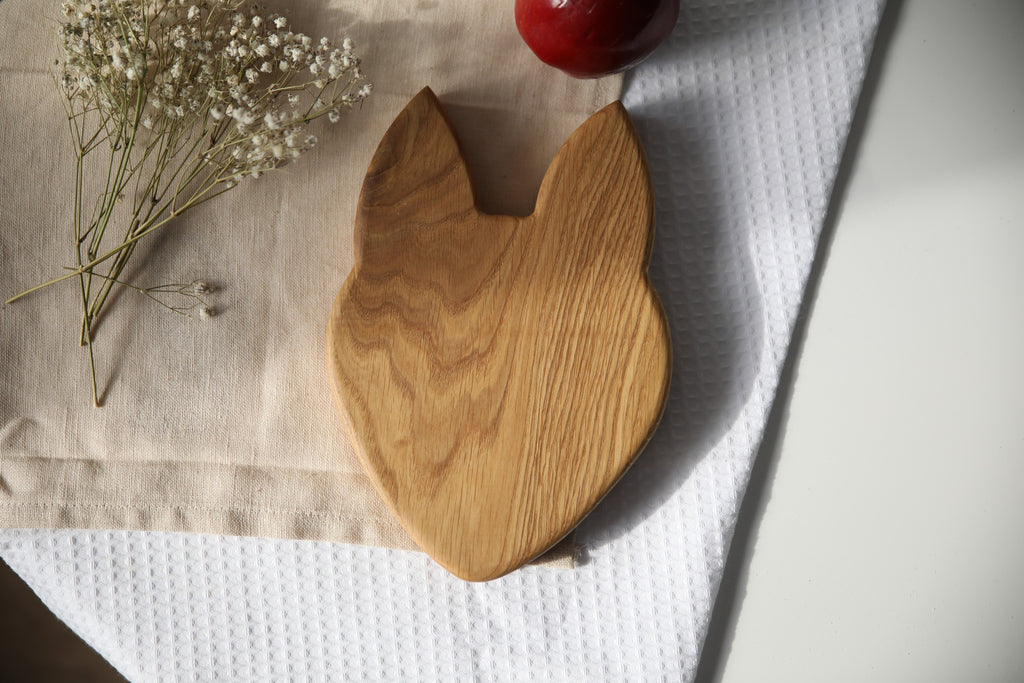 playful fox wooden plate for kids on a sunny table, hand-polished oak with optional engraving