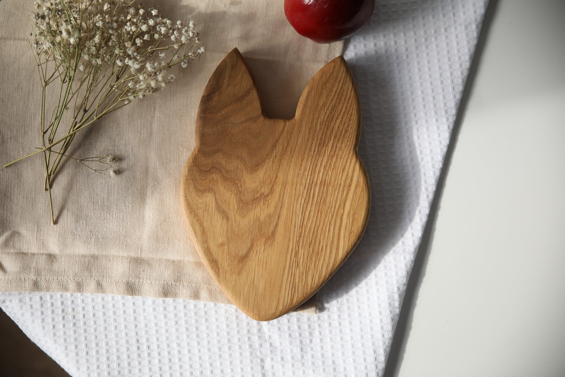 playful fox wooden plate for kids on a sunny table, hand-polished oak with optional engraving