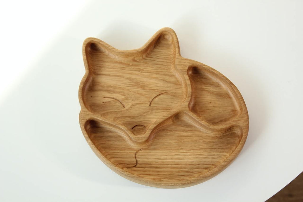 handmade wooden fox plate for kids with 3 food sections, natural oak finish, smooth polished surface, eco-friendly baby gift