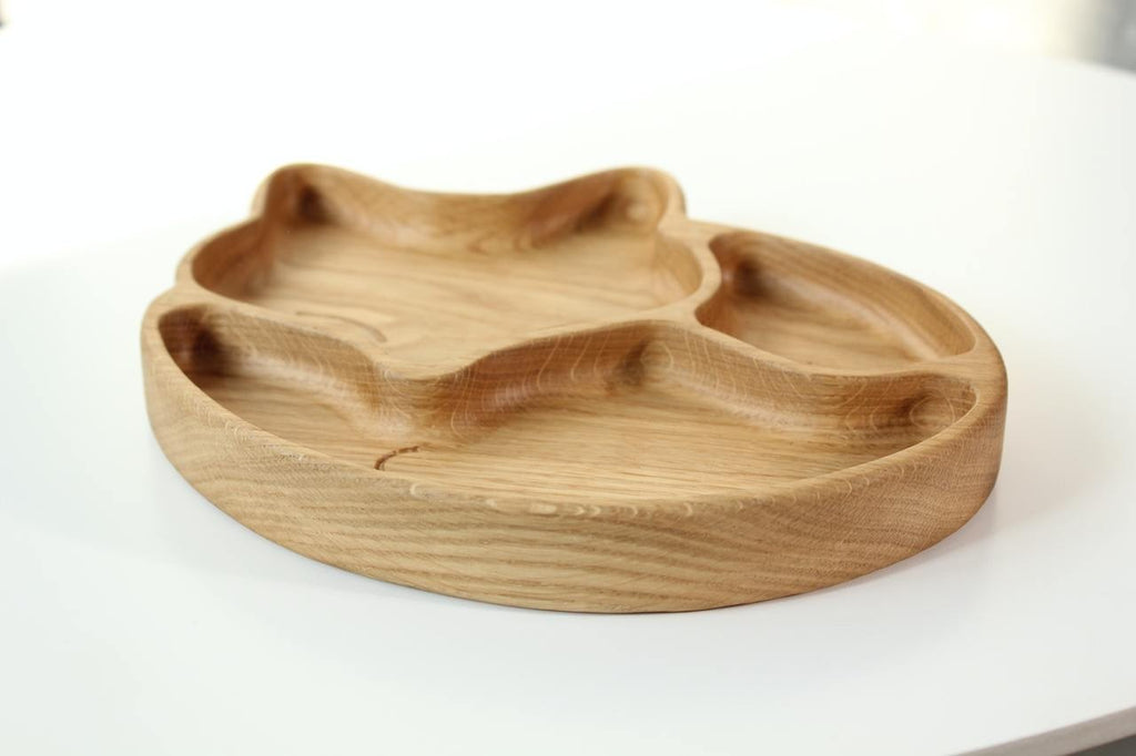 playful fox-shaped wooden plate for kids with 3 food sections, hand-polished oak, bright natural finish