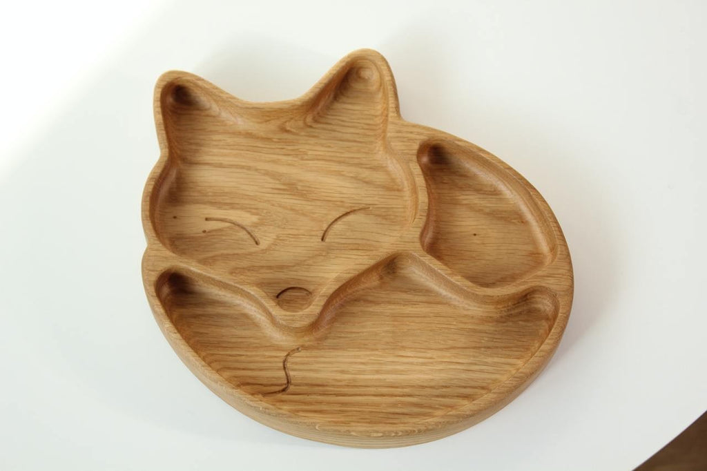 elegant handmade wooden fox plate for kids with 3 sections, polished oak surface, natural and safe
