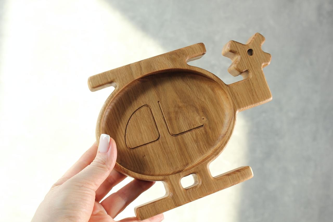 bold helicopter wooden plate for kids - hand-polished oak with vibrant details, safe and stylish