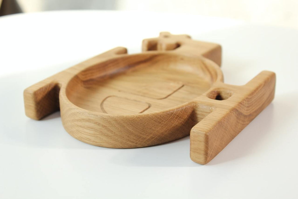 elegant handmade wooden helicopter plate for kids, smooth oak surface with natural grain, gift-ready with optional engraving
