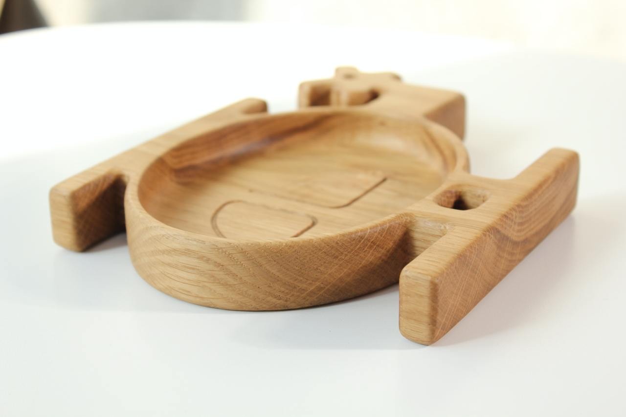 elegant handmade wooden helicopter plate for kids, smooth oak surface with natural grain, gift-ready with optional engraving