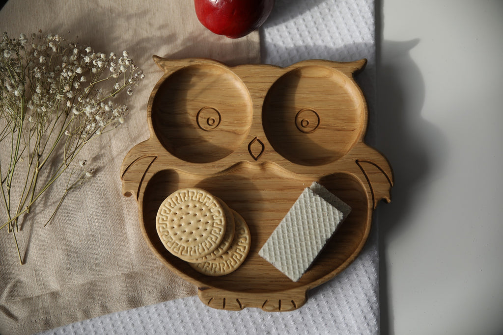 functional wooden owl plate for kids, hand-polished oak with food-safe wax, practical gift for toddlers