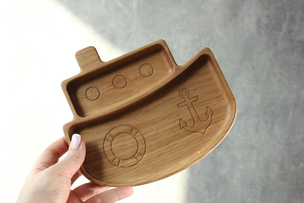 bold handmade wooden kids plate with ship design - natural oak, food-safe, and ultra-smooth