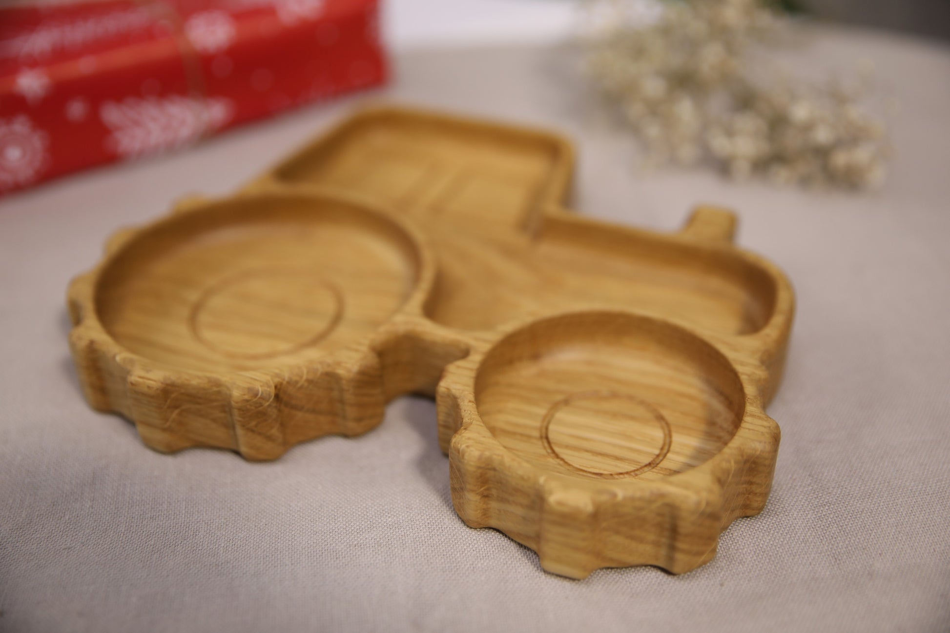 bold tractor wooden plate for kids on a rustic farmhouse table