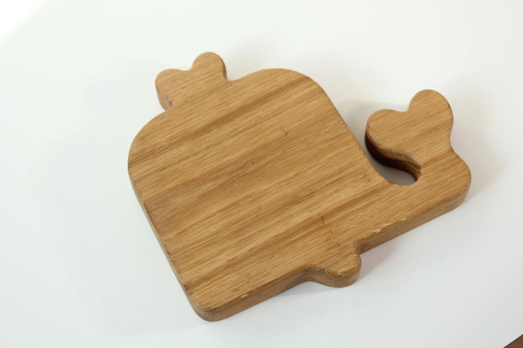 bold handmade wooden whale plate for kids - natural oak with smooth polished surface, safe and stylish