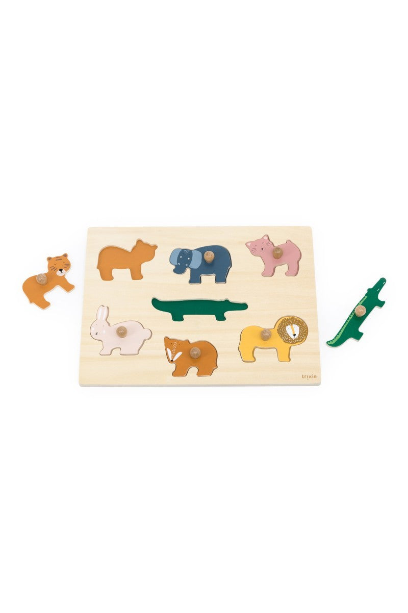 The perfect toy to let your child discover the joy of puzzles. This seemingly simple toy is more than just cheerful, colourful animal elements, rounded edges and friendly faces. As they play, your child will learn to grasp, stimulate hand-eye coordination and work on solving problems. As you play with them, they will also start to learn their first words about animals. by Trixie Baby at www.brixbailey.com