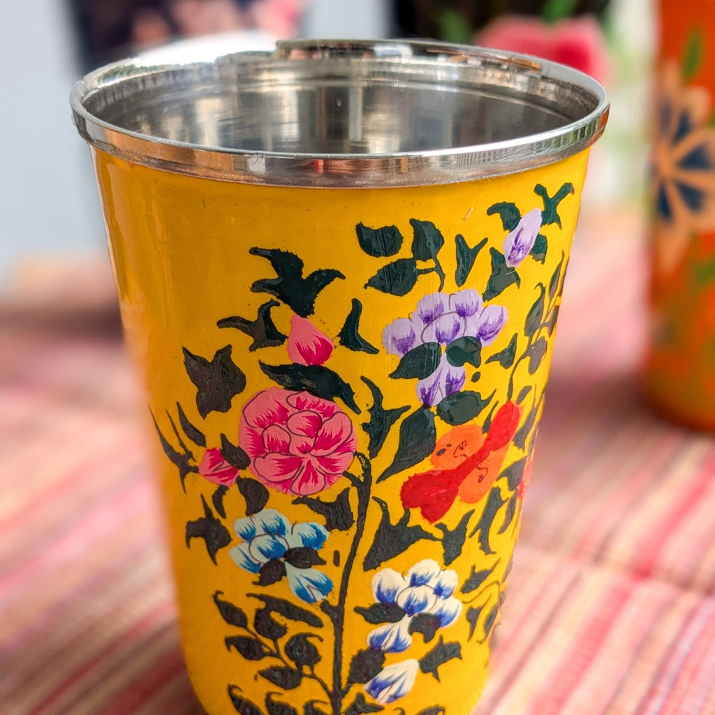 Hand-Painted Stainless Steel Tumblers, Food Safe Kashmiri Hand Painted 400ml Drinking Cups
