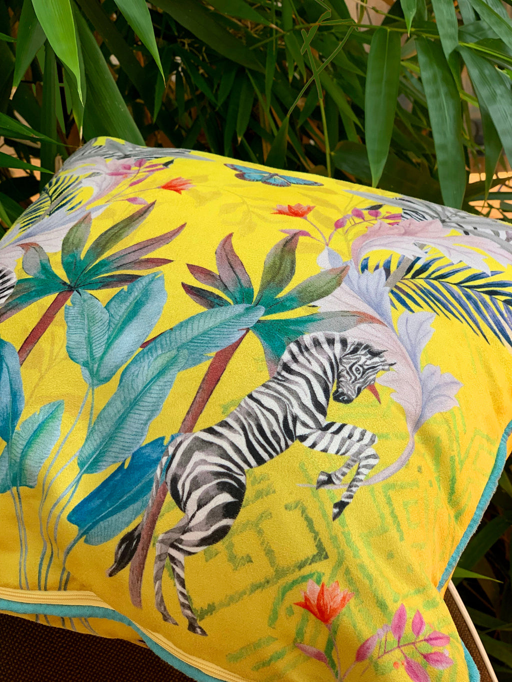 Vibrant citrus yellow watercolour art Cushion 'Stallion' double sided Zebra design, made from Vegan friendly Suede