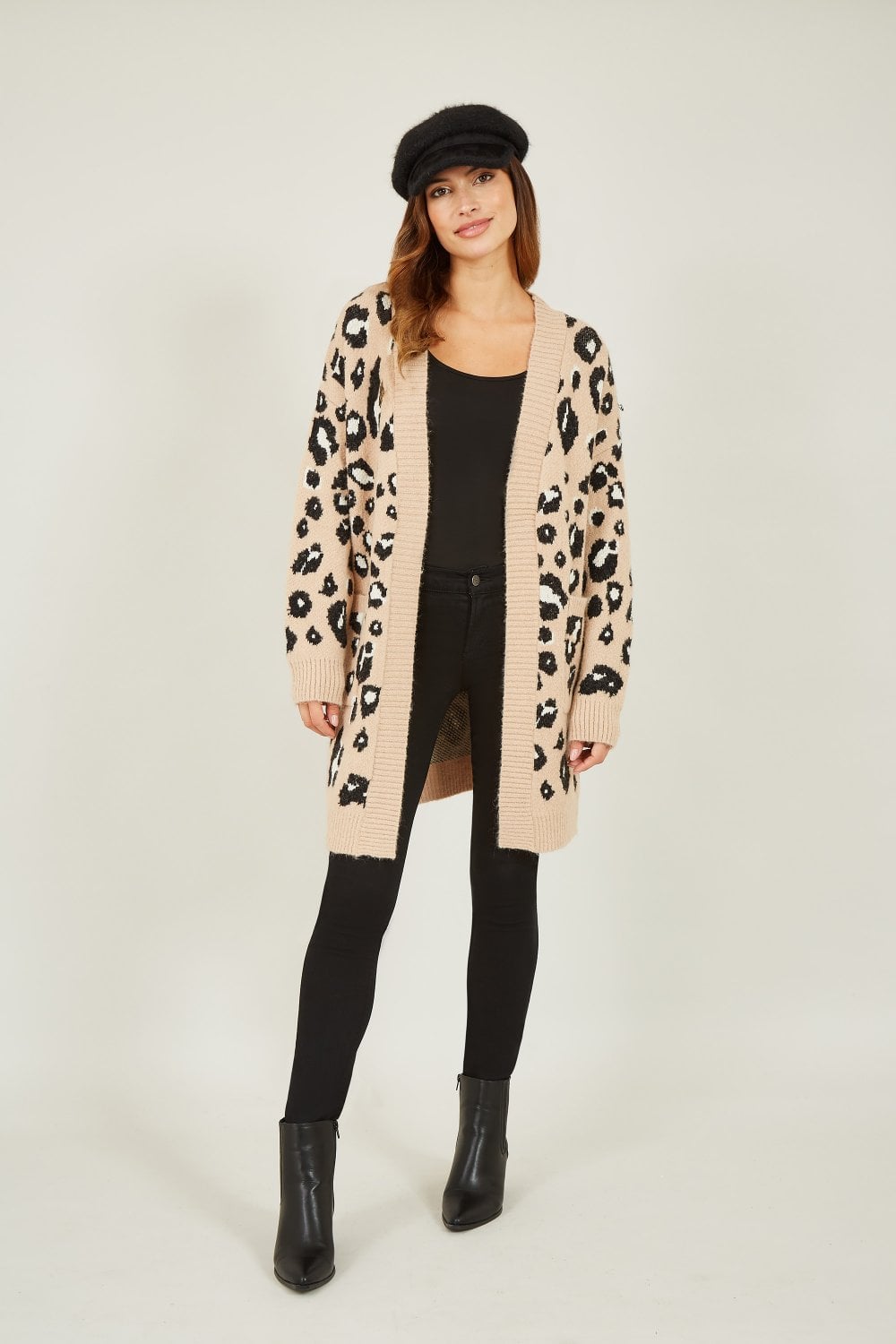 Yumi Beige Animal Intarsia Long Cardigan